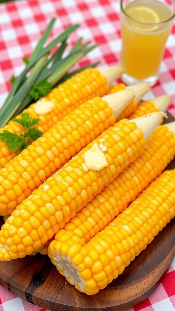 Freshly cooked corn on the cob with butter and parsley on a wooden platter.